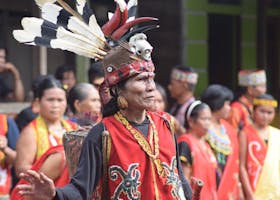 Vibrant celebration of Dayak culture with traditional costumes and rituals in Kalimantan Barat, Indonesia.